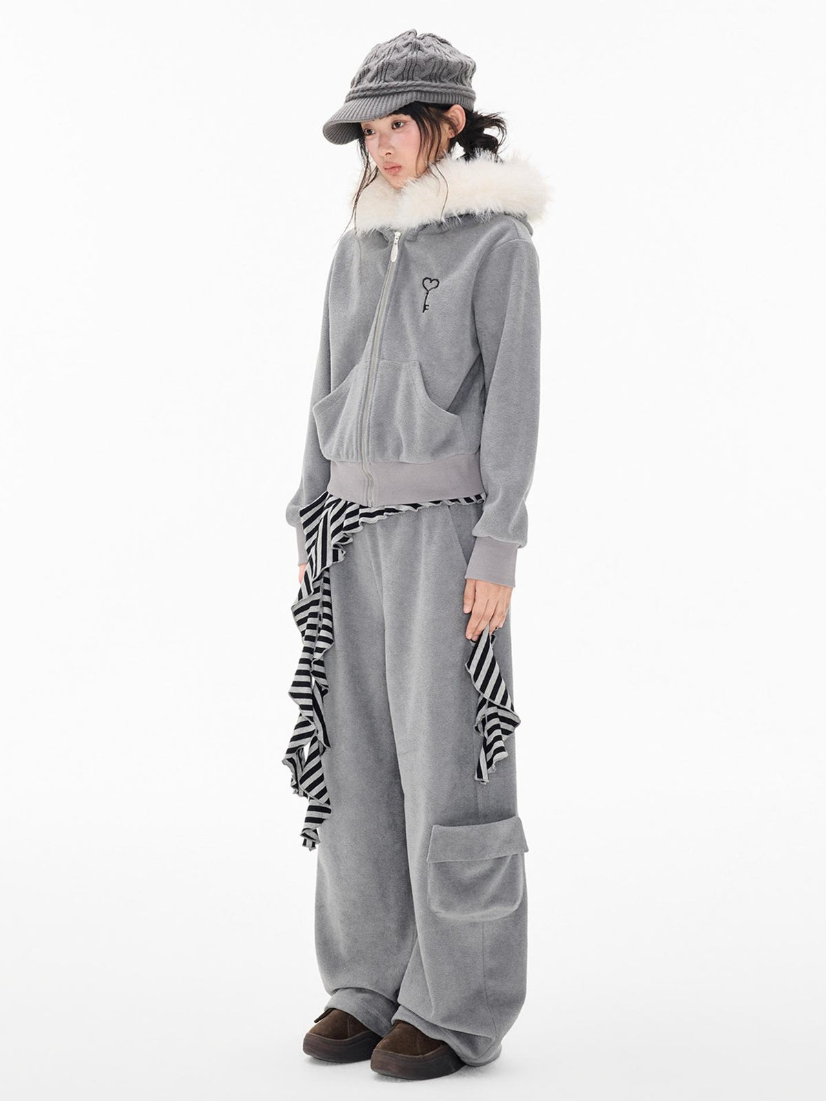 EZEK Embroidered Hooded Zip Up Loose Vintage Pocket Women's Casual Top & Skirt Sets