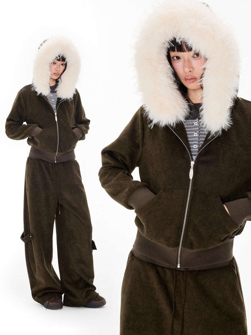 EZEK Embroidered Hooded Zip Up Loose Vintage Pocket Women's Casual Top & Skirt Sets