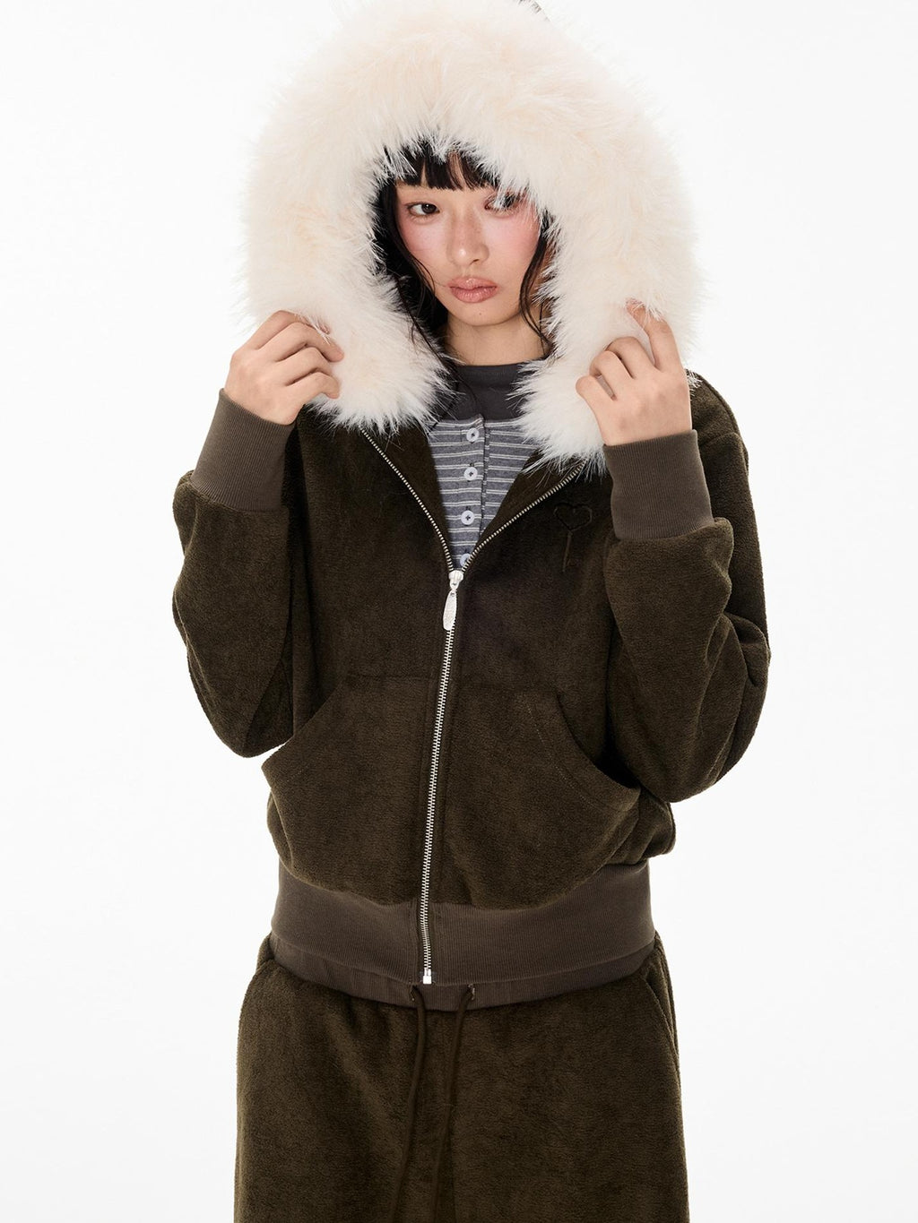 EZEK Embroidered Hooded Zip Up Loose Vintage Pocket Women's Casual Top & Skirt Sets