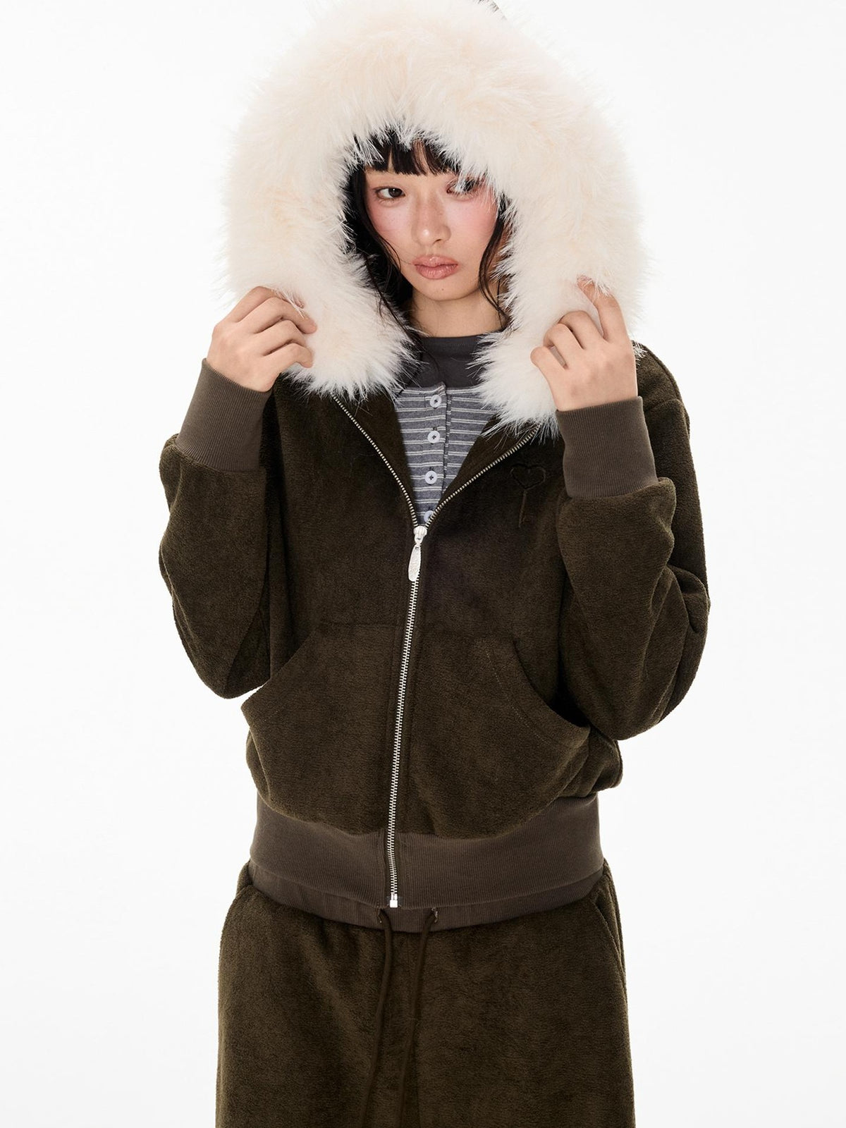 EZEK Embroidered Hooded Zip Up Loose Vintage Pocket Women's Casual Top & Skirt Sets