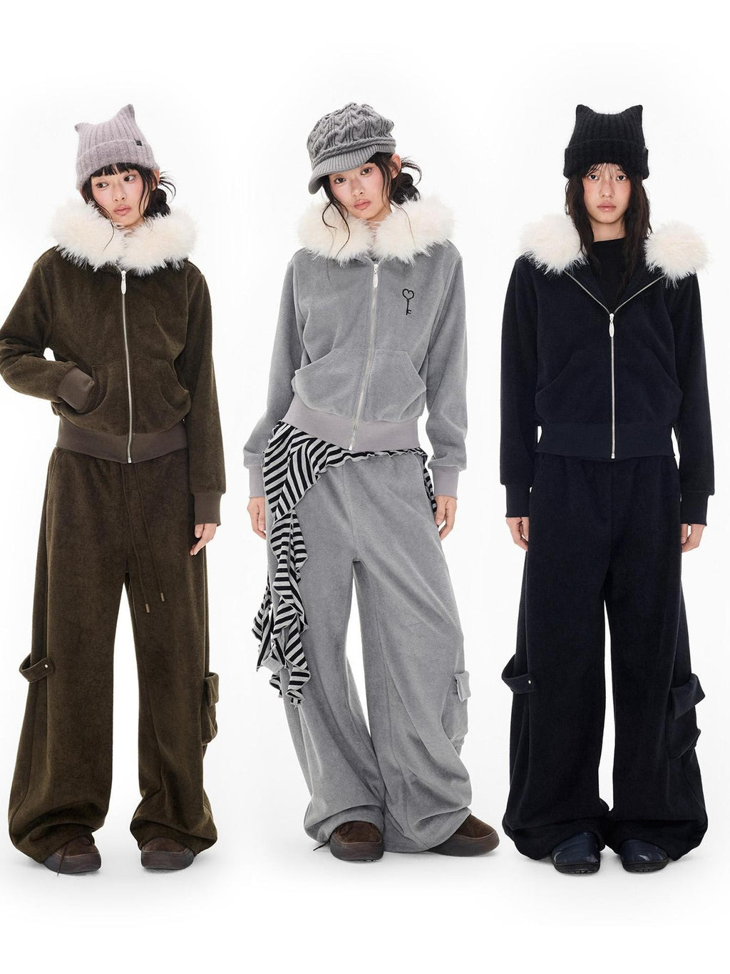 EZEK Embroidered Hooded Zip Up Loose Vintage Pocket Women's Casual Top & Skirt Sets