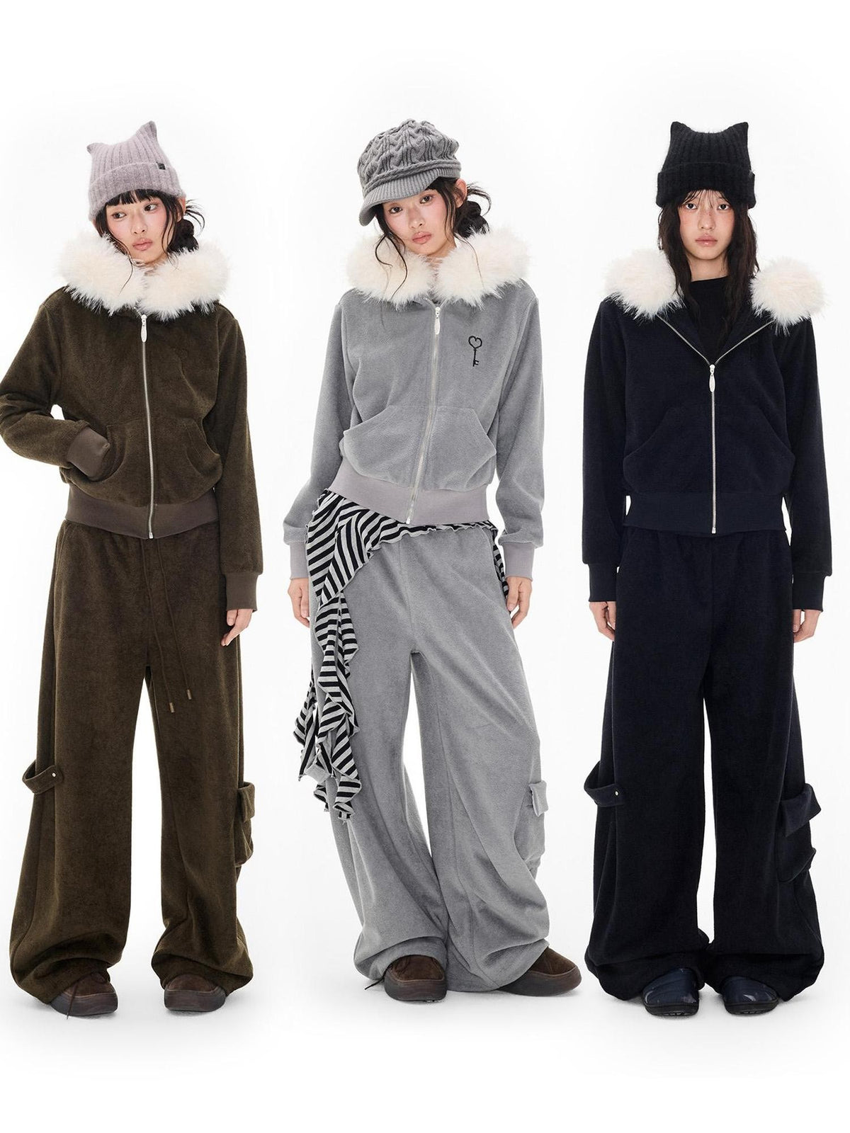 EZEK Embroidered Hooded Zip Up Loose Vintage Pocket Women's Casual Top & Skirt Sets