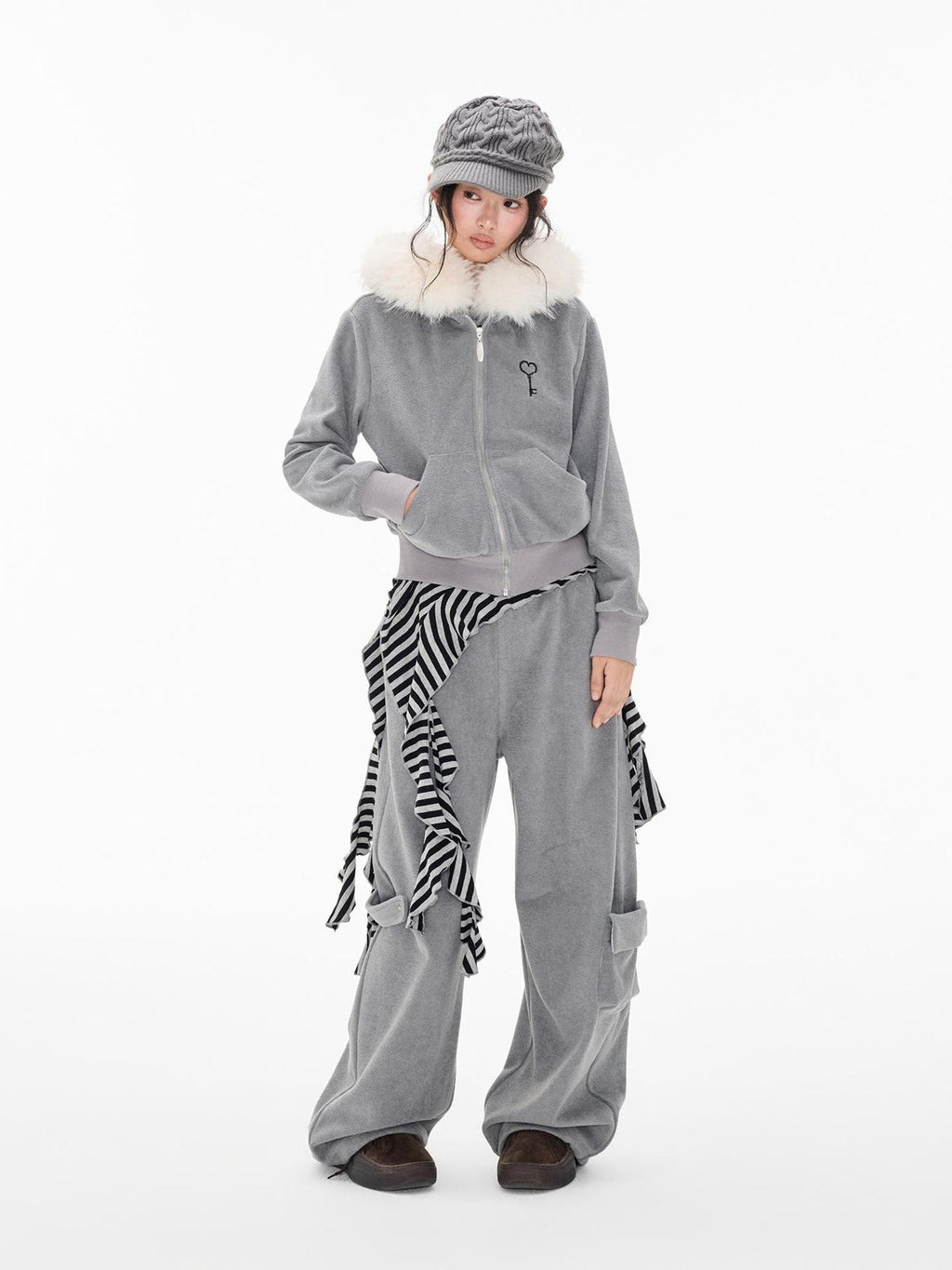 EZEK Embroidered Hooded Zip Up Loose Vintage Pocket Women's Casual Top & Skirt Sets