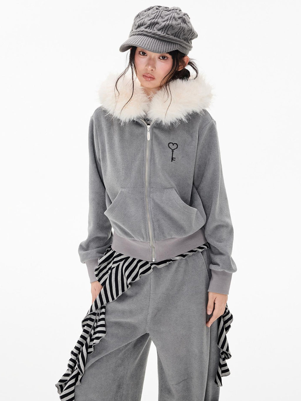 EZEK Embroidered Hooded Zip Up Loose Vintage Pocket Women's Casual Top & Skirt Sets