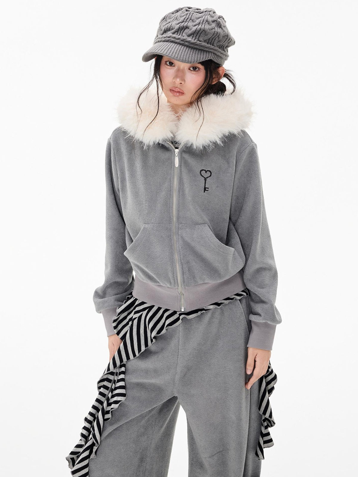 EZEK Embroidered Hooded Zip Up Loose Vintage Pocket Women's Casual Top & Skirt Sets