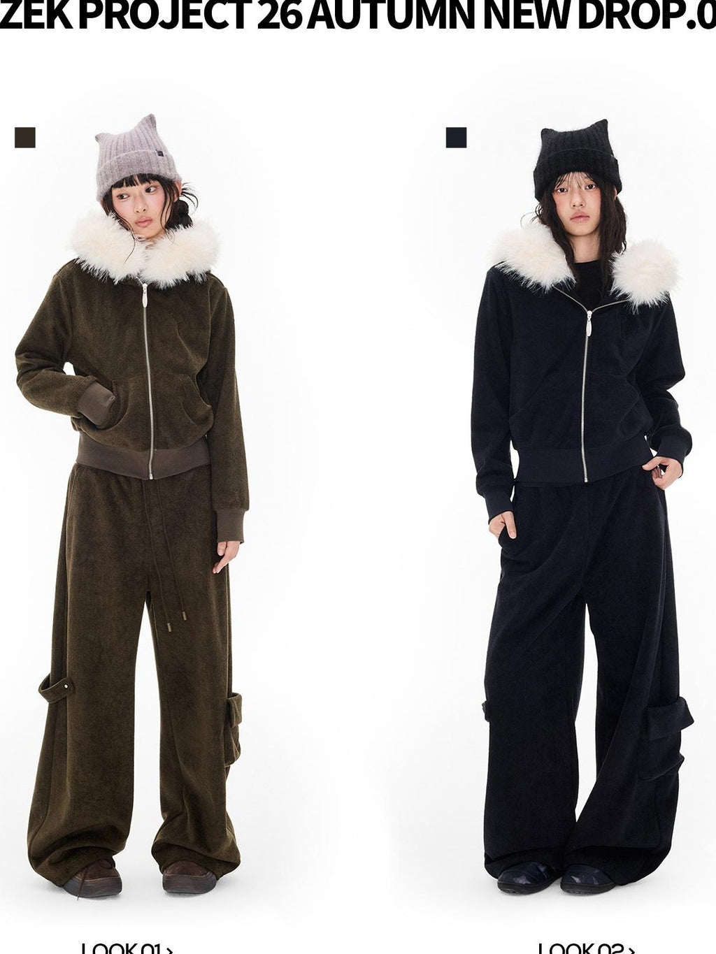 EZEK Embroidered Hooded Zip Up Loose Vintage Pocket Women's Casual Top & Skirt Sets