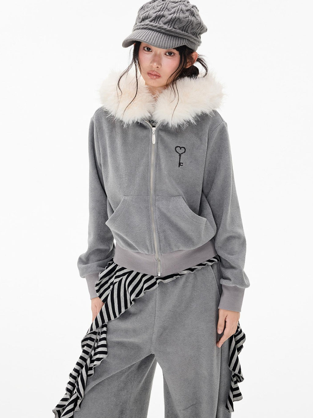 EZEK Embroidered Hooded Zip Up Loose Vintage Pocket Women's Casual Top & Skirt Sets