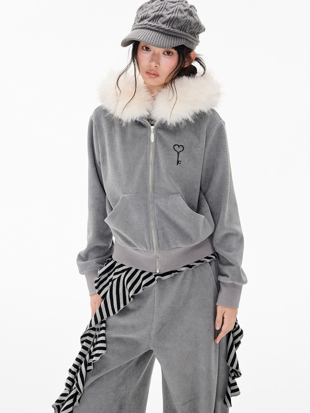 EZEK Embroidered Hooded Zip Up Loose Vintage Pocket Women's Casual Top & Skirt Sets