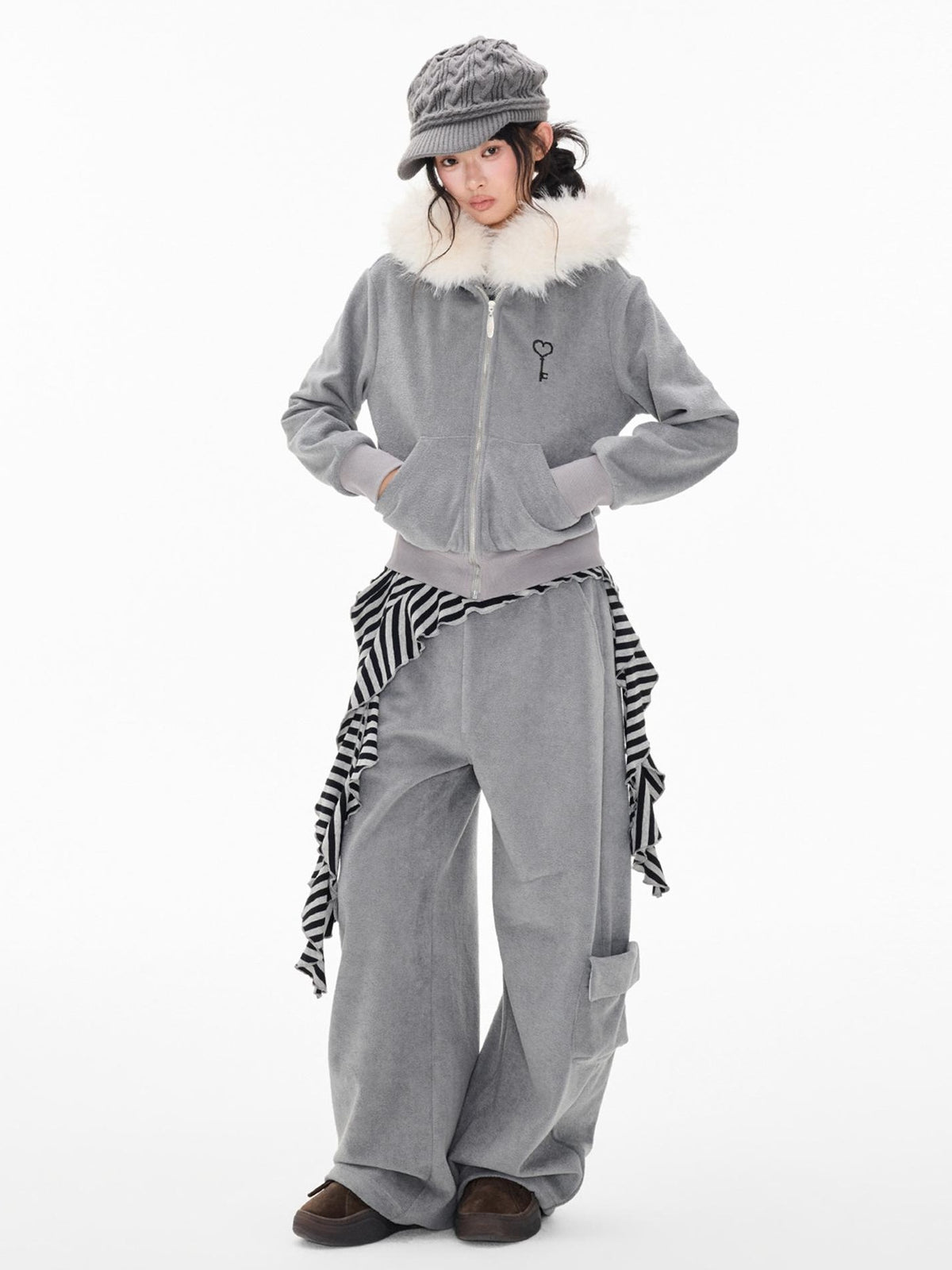 EZEK Embroidered Hooded Zip Up Loose Vintage Pocket Women's Casual Top & Skirt Sets