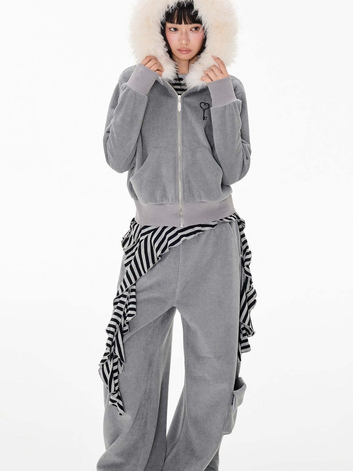 EZEK Embroidered Hooded Zip Up Loose Vintage Pocket Women's Casual Top & Skirt Sets