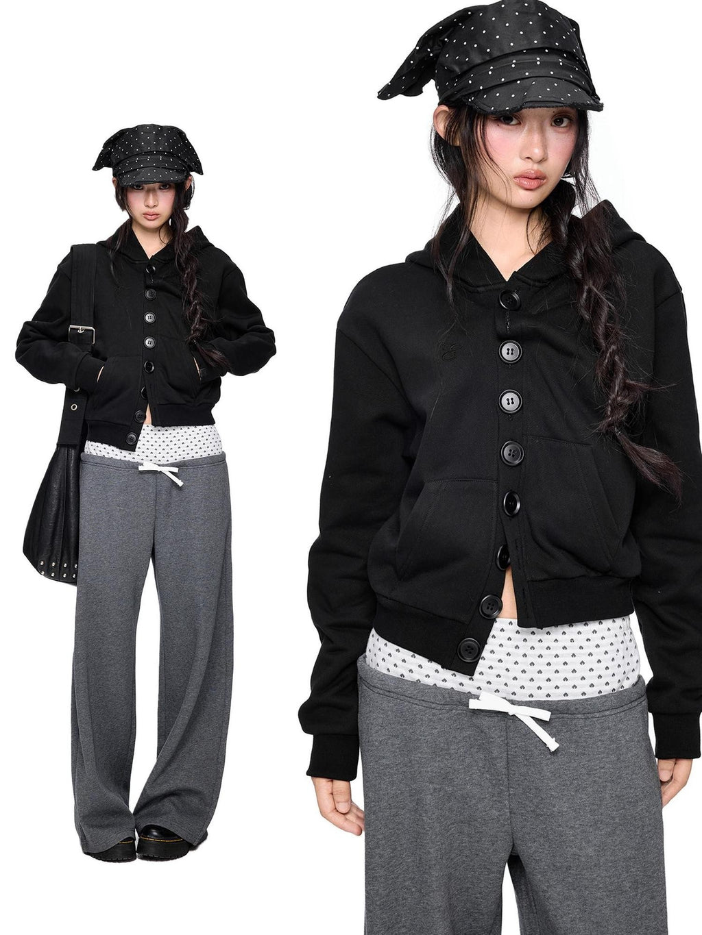 EZEK Embroidered Multi Button Cropped Hooded Women's Cotton Zip-up Hoodies