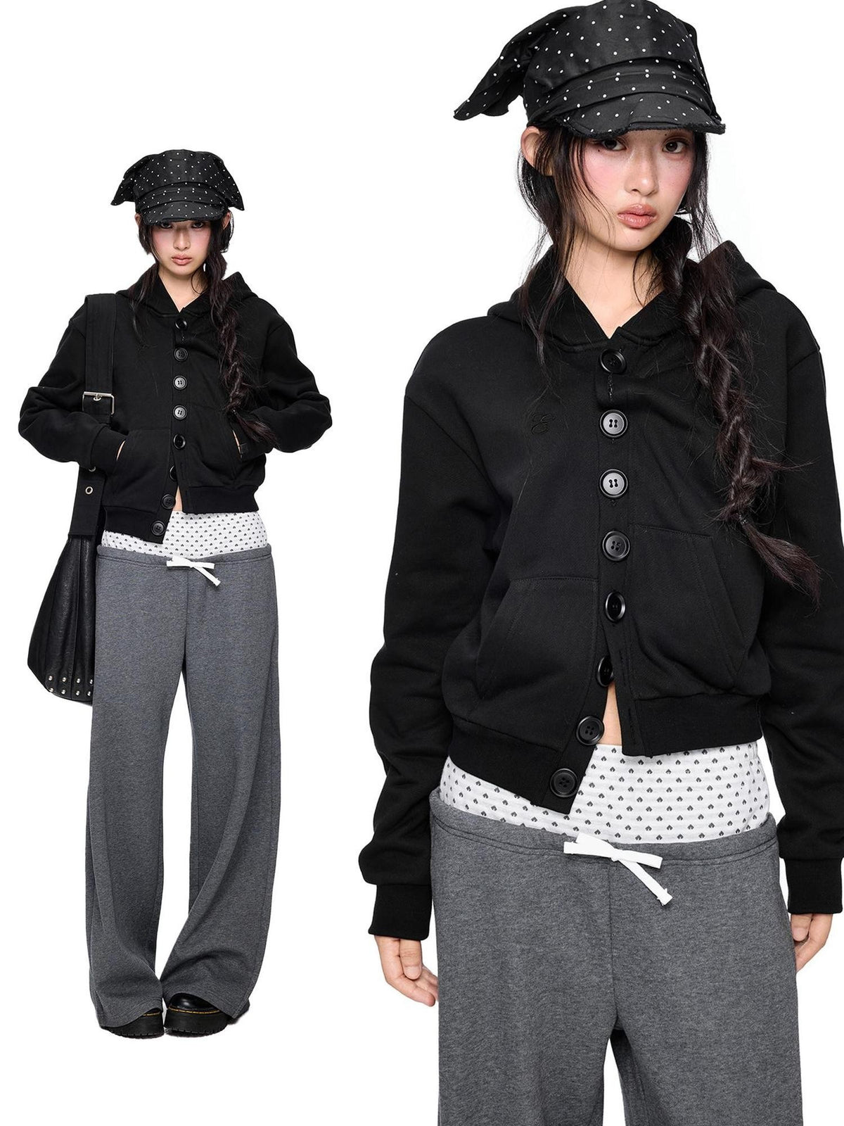 EZEK Embroidered Multi Button Cropped Hooded Women's Cotton Zip-up Hoodies