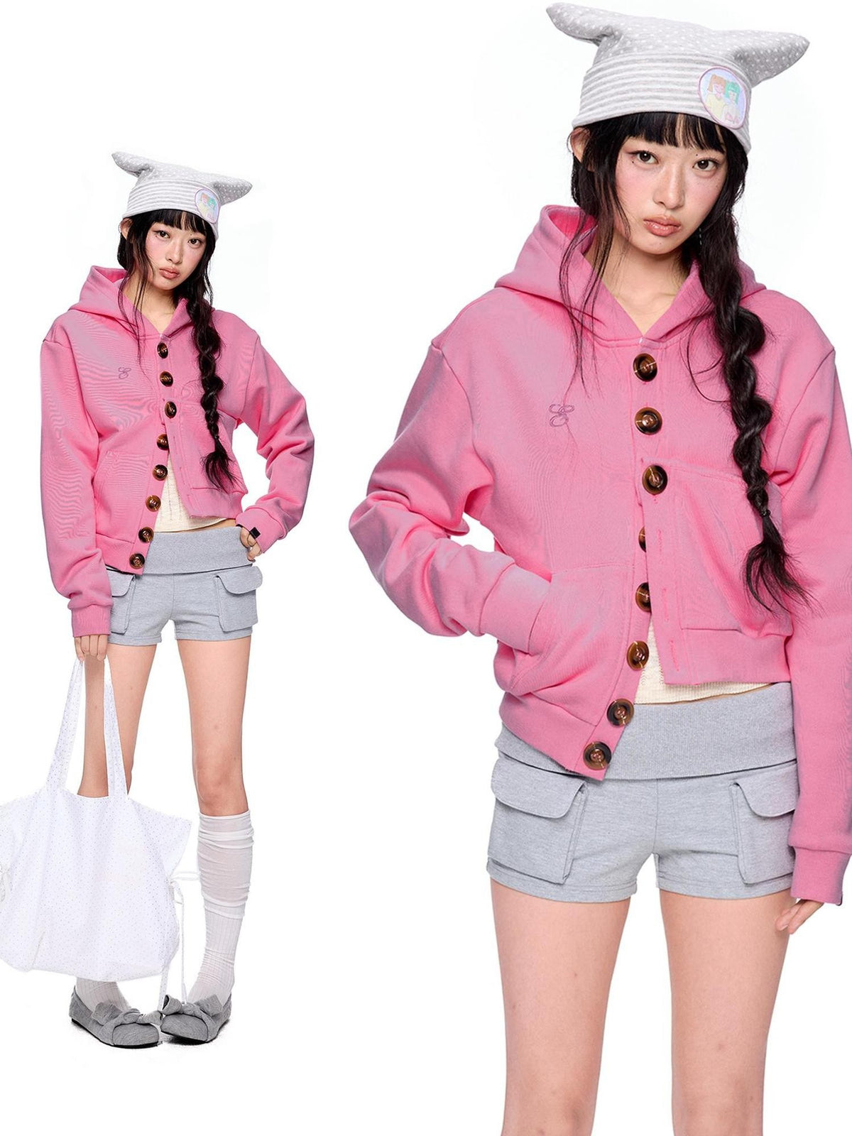 EZEK Embroidered Multi Button Cropped Hooded Women's Cotton Zip-up Hoodies