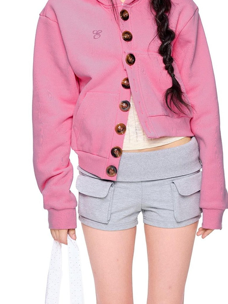 EZEK Embroidered Multi Button Cropped Hooded Women's Cotton Zip-up Hoodies