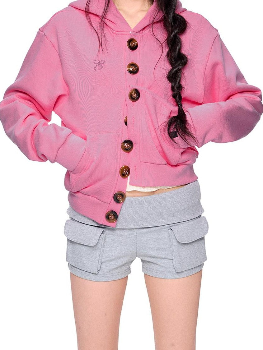 EZEK Embroidered Multi Button Cropped Hooded Women's Cotton Zip-up Hoodies