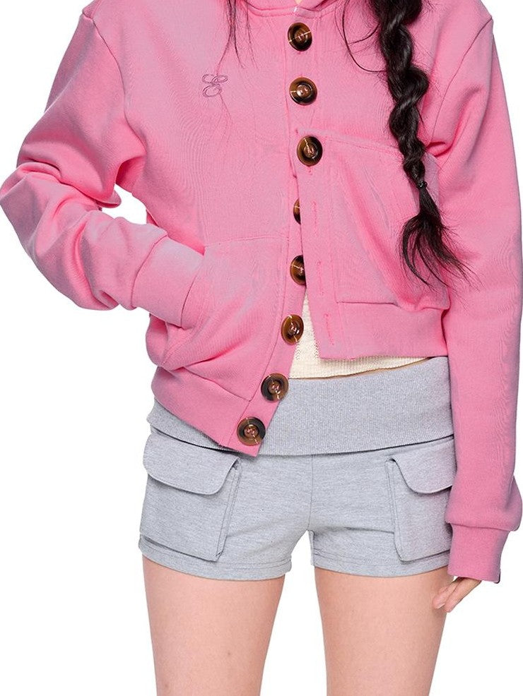 EZEK Embroidered Multi Button Cropped Hooded Women's Cotton Zip-up Hoodies