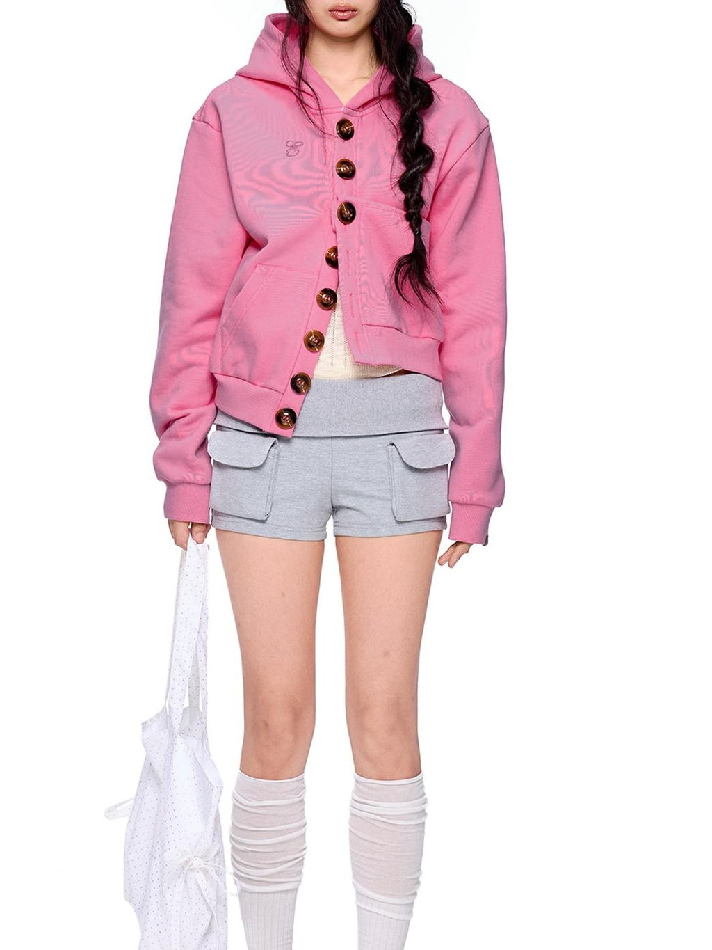 EZEK Embroidered Multi Button Cropped Hooded Women's Cotton Zip-up Hoodies