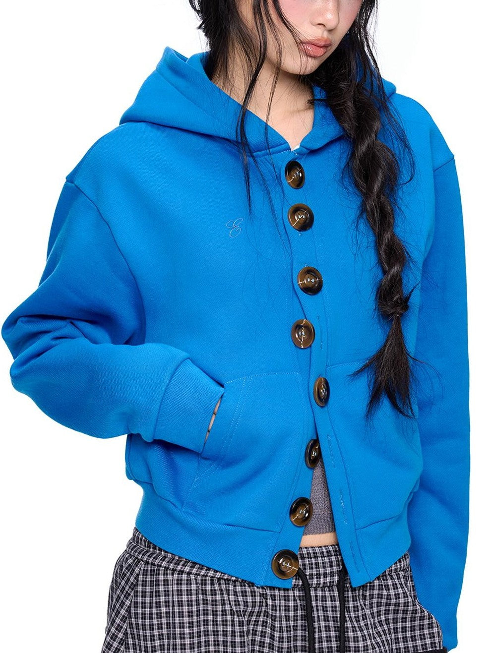 EZEK Embroidered Multi Button Cropped Hooded Women's Cotton Zip-up Hoodies