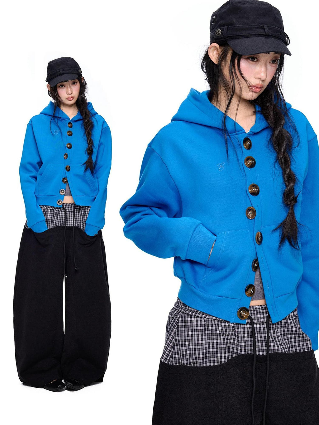 EZEK Embroidered Multi Button Cropped Hooded Women's Cotton Zip-up Hoodies
