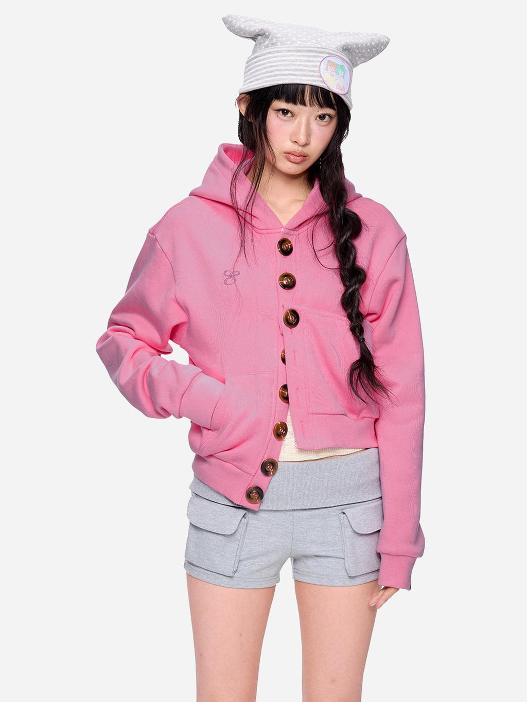 EZEK Embroidered Multi Button Cropped Hooded Women's Cotton Zip-up Hoodies