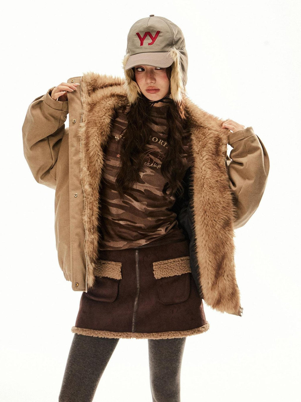 EZEK Faux Fur Collar Zipper Aviator Eagle Embroidery Women's Cotton Puffer Jackets