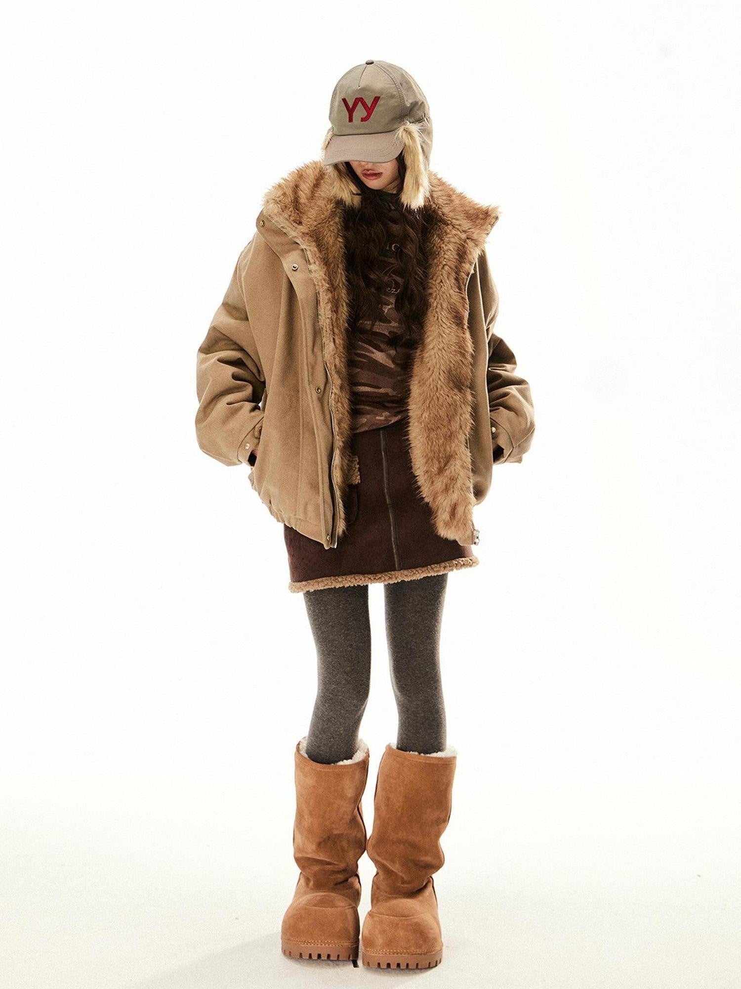 EZEK Faux Fur Collar Zipper Aviator Eagle Embroidery Women's Cotton Puffer Jackets