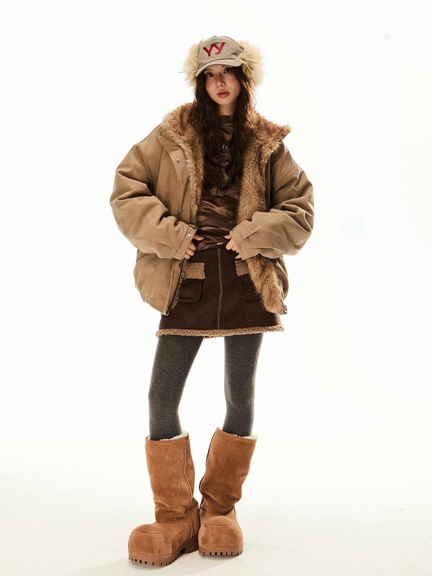EZEK Faux Fur Collar Zipper Aviator Eagle Embroidery Women's Cotton Puffer Jackets