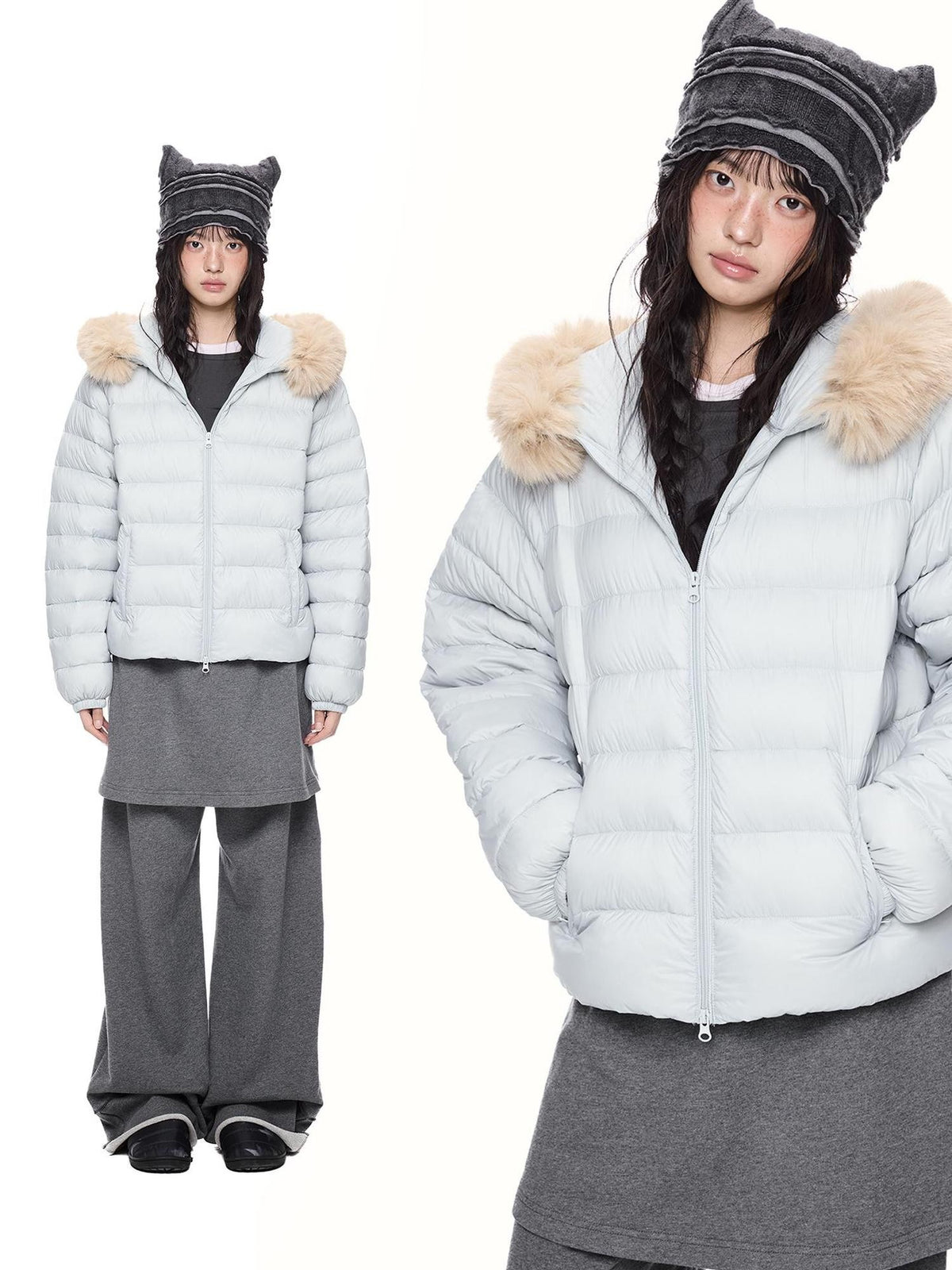 EZEK Faux Fur Hooded Loose Fit Solid 90 White Duck Down Women's Polyester Down Jackets