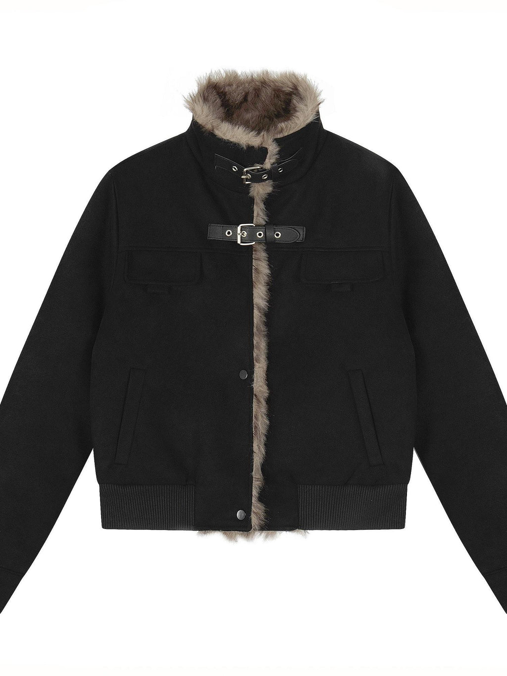 EZEK Faux Fur Patchwork Stand Collar Zipper Women's Fleece Lined Moto Jackets