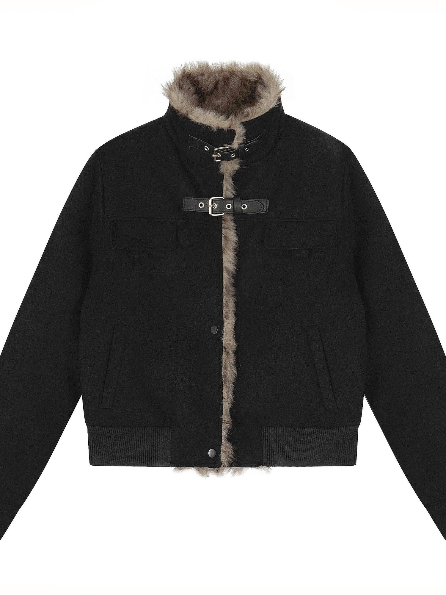 EZEK Faux Fur Patchwork Stand Collar Zipper Women's Fleece Lined Moto Jackets
