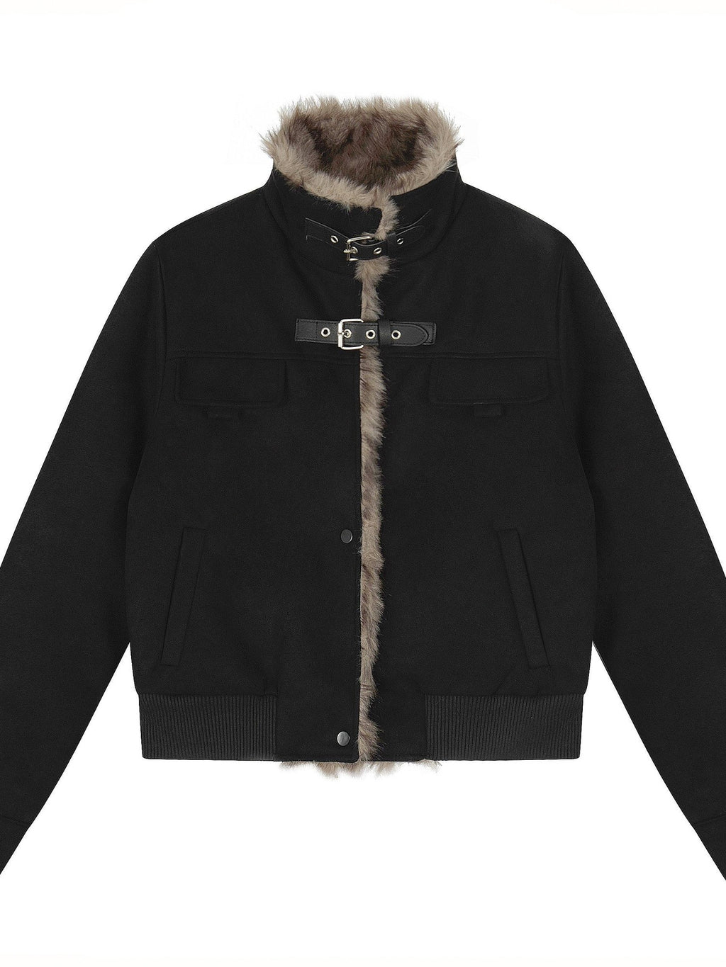 EZEK Faux Fur Patchwork Stand Collar Zipper Women's Fleece Lined Moto Jackets