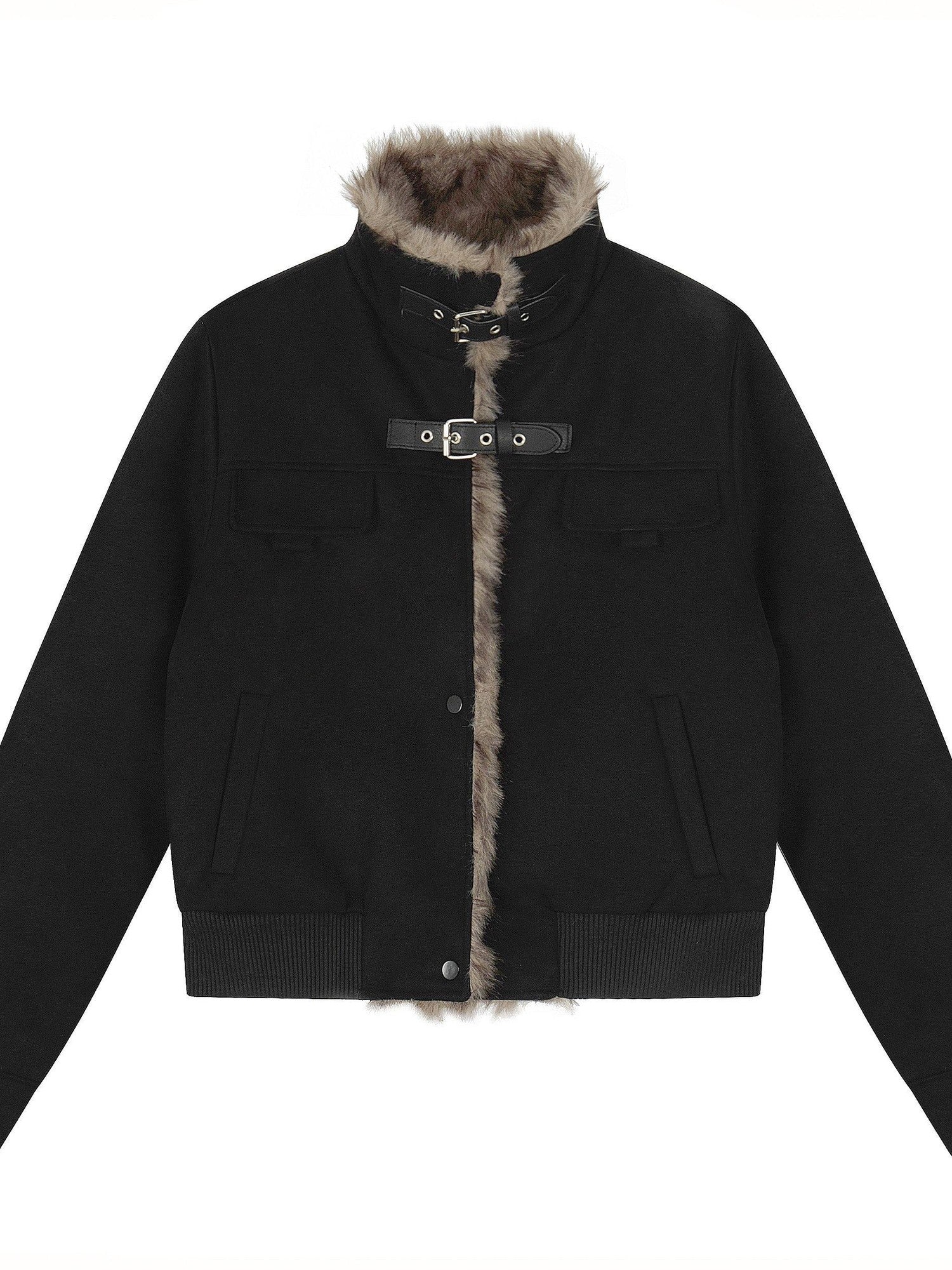 EZEK Faux Fur Patchwork Stand Collar Zipper Women's Fleece Lined Moto Jackets