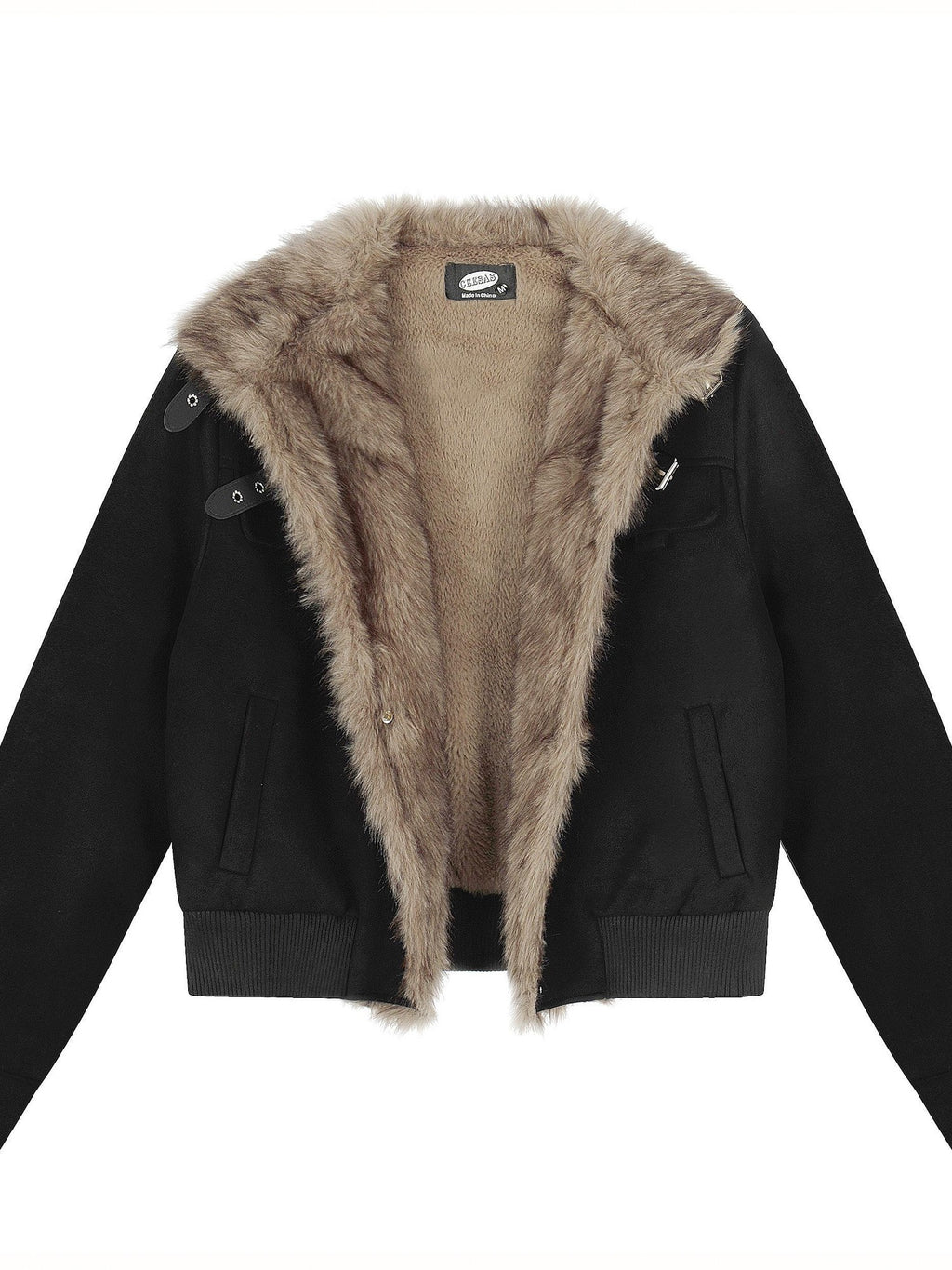 EZEK Faux Fur Patchwork Stand Collar Zipper Women's Fleece Lined Moto Jackets