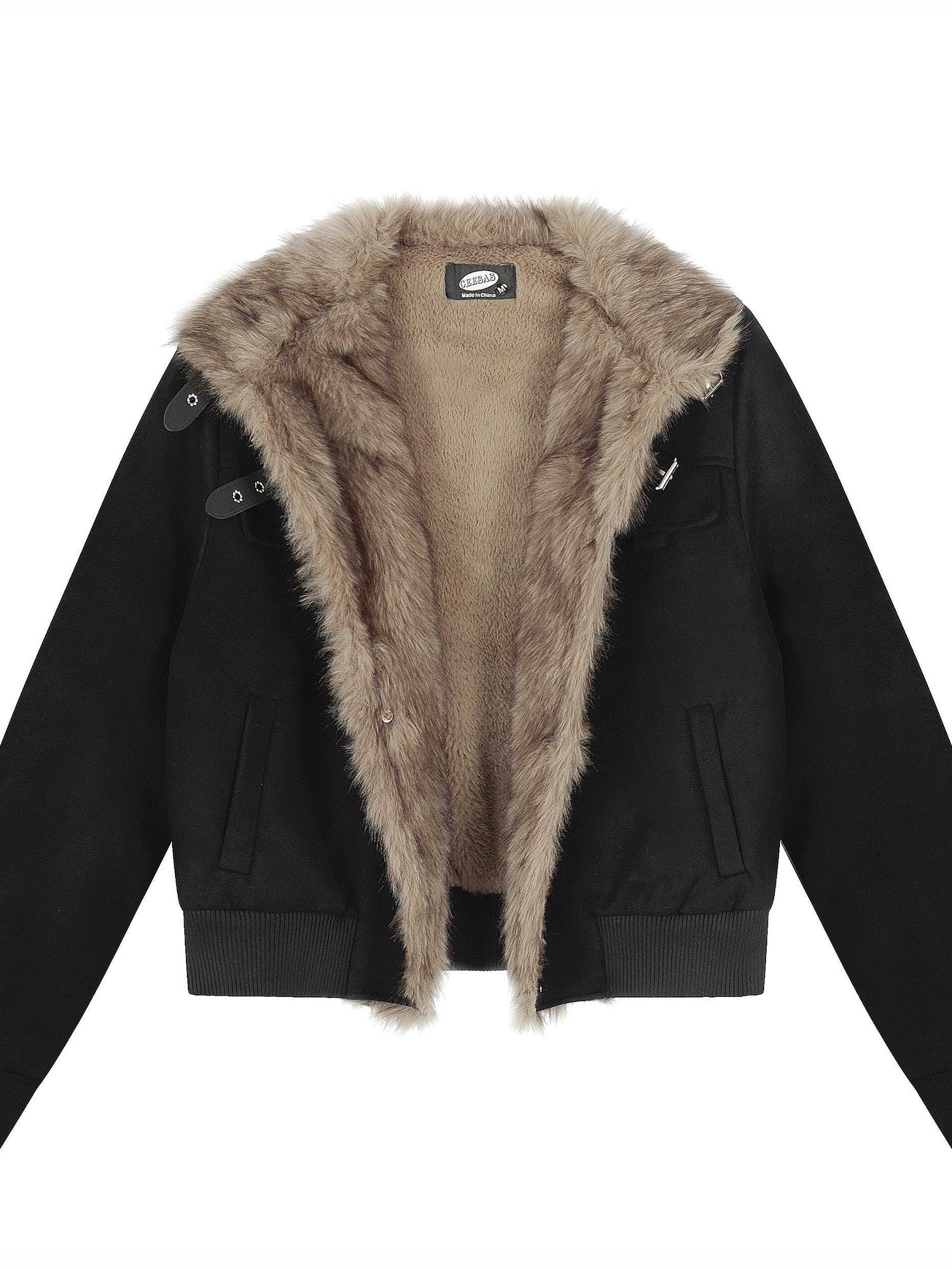 EZEK Faux Fur Patchwork Stand Collar Zipper Women's Fleece Lined Moto Jackets