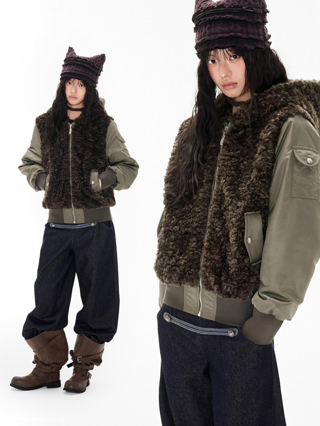 EZEK Faux Fur Spliced Two Piece Look Zip Up Loose Warm Women's Fleece Jackets