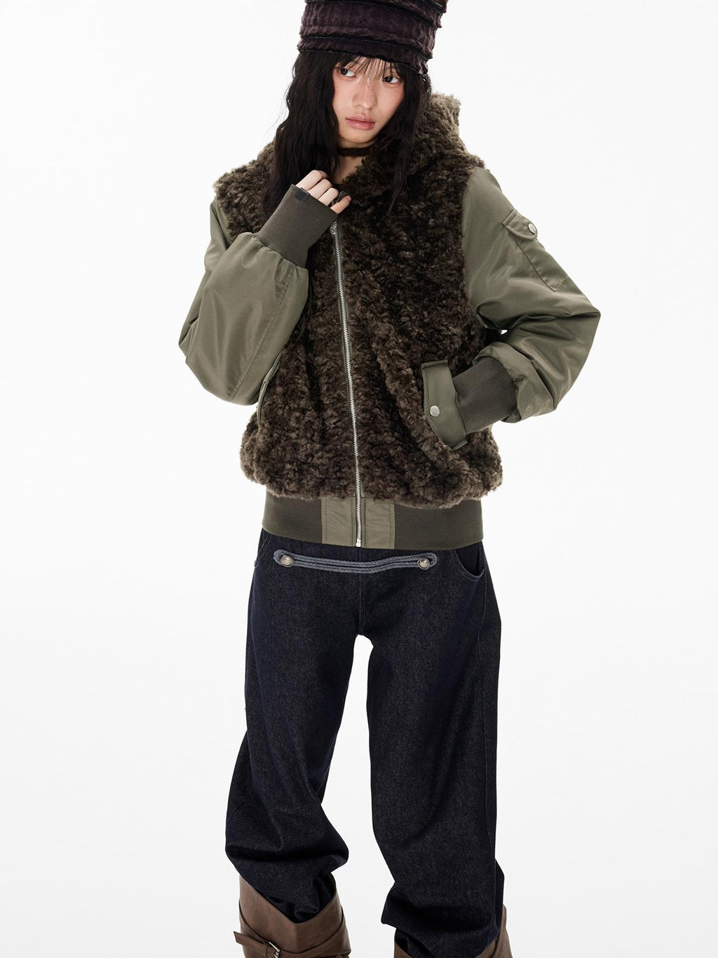 EZEK Faux Fur Spliced Two Piece Look Zip Up Loose Warm Women's Fleece Jackets