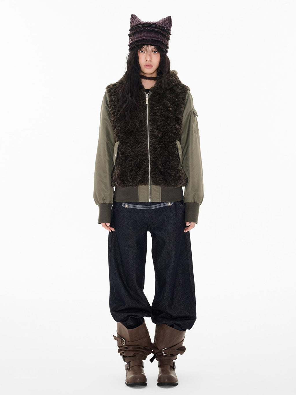 EZEK Faux Fur Spliced Two Piece Look Zip Up Loose Warm Women's Fleece Jackets