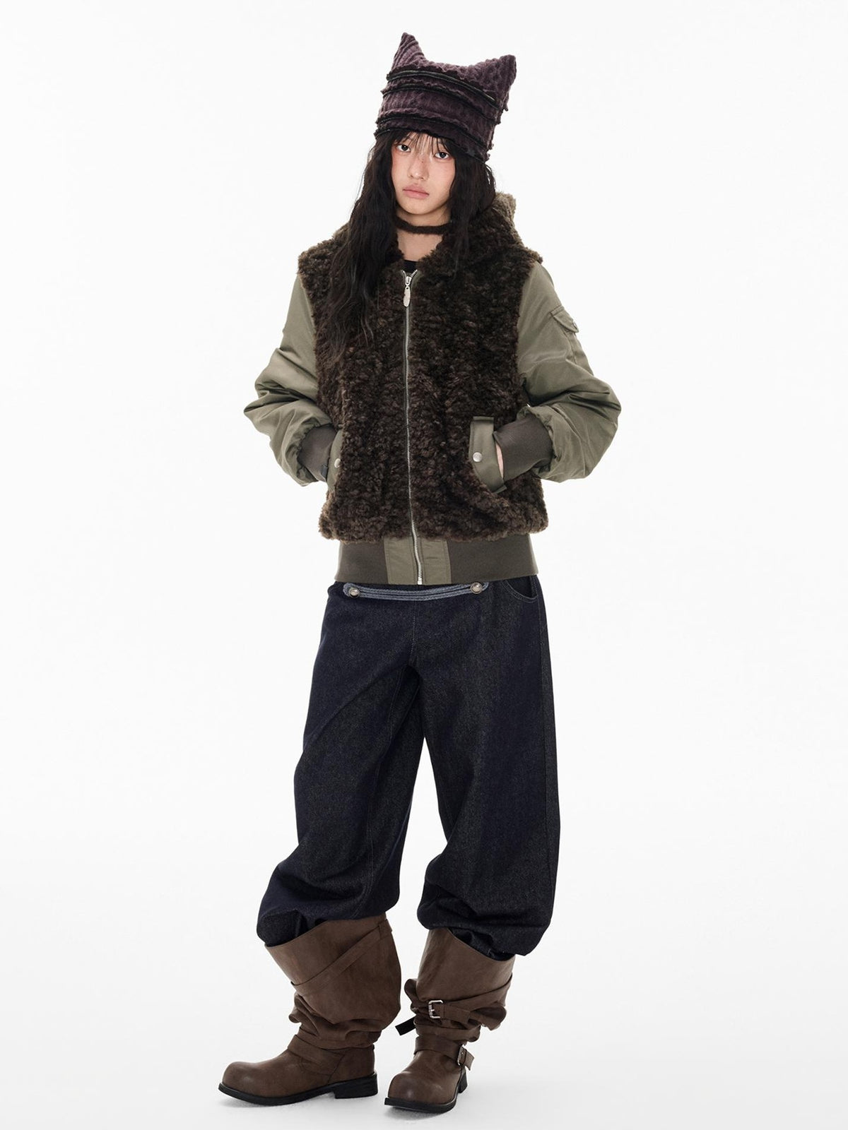 EZEK Faux Fur Spliced Two Piece Look Zip Up Loose Warm Women's Fleece Jackets