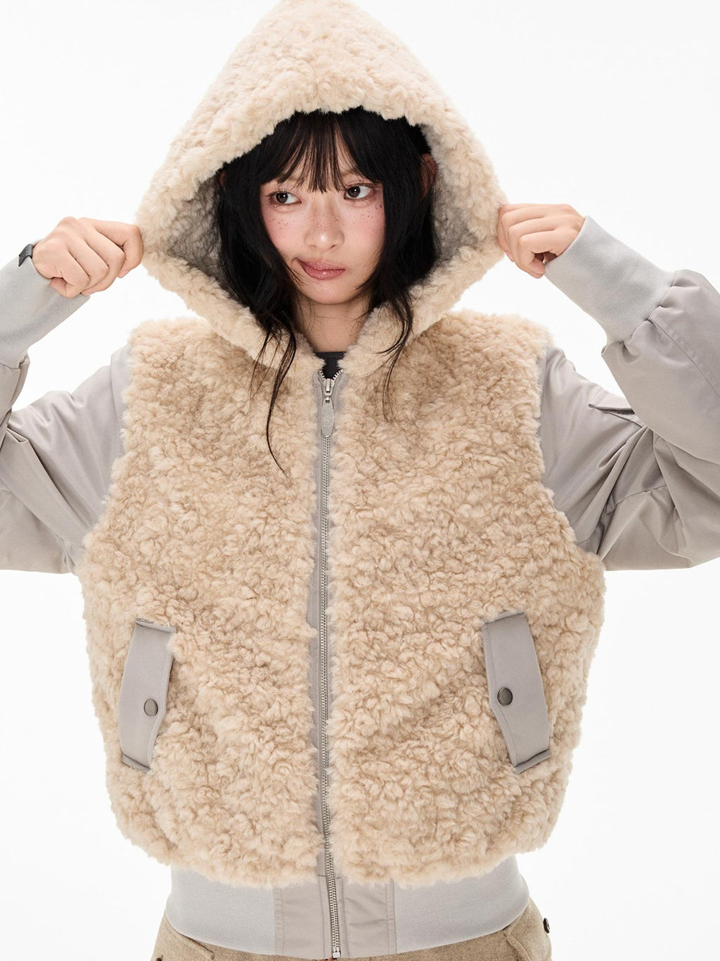 EZEK Faux Fur Spliced Two Piece Look Zip Up Loose Warm Women's Fleece Jackets