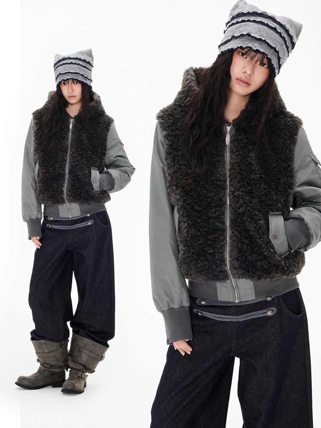 EZEK Faux Fur Spliced Two Piece Look Zip Up Loose Warm Women's Fleece Jackets