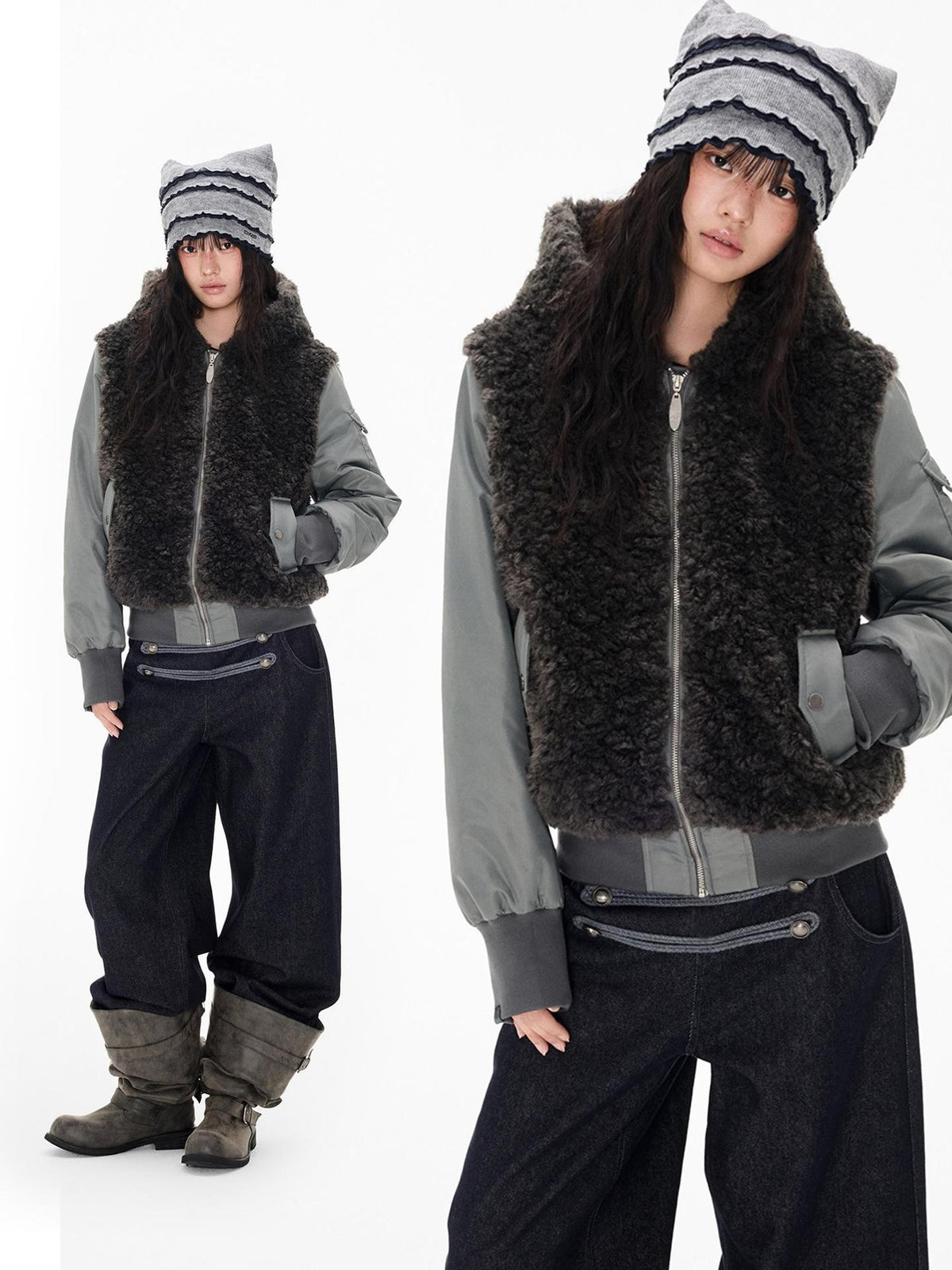EZEK Faux Fur Spliced Two Piece Look Zip Up Loose Warm Women's Fleece Jackets