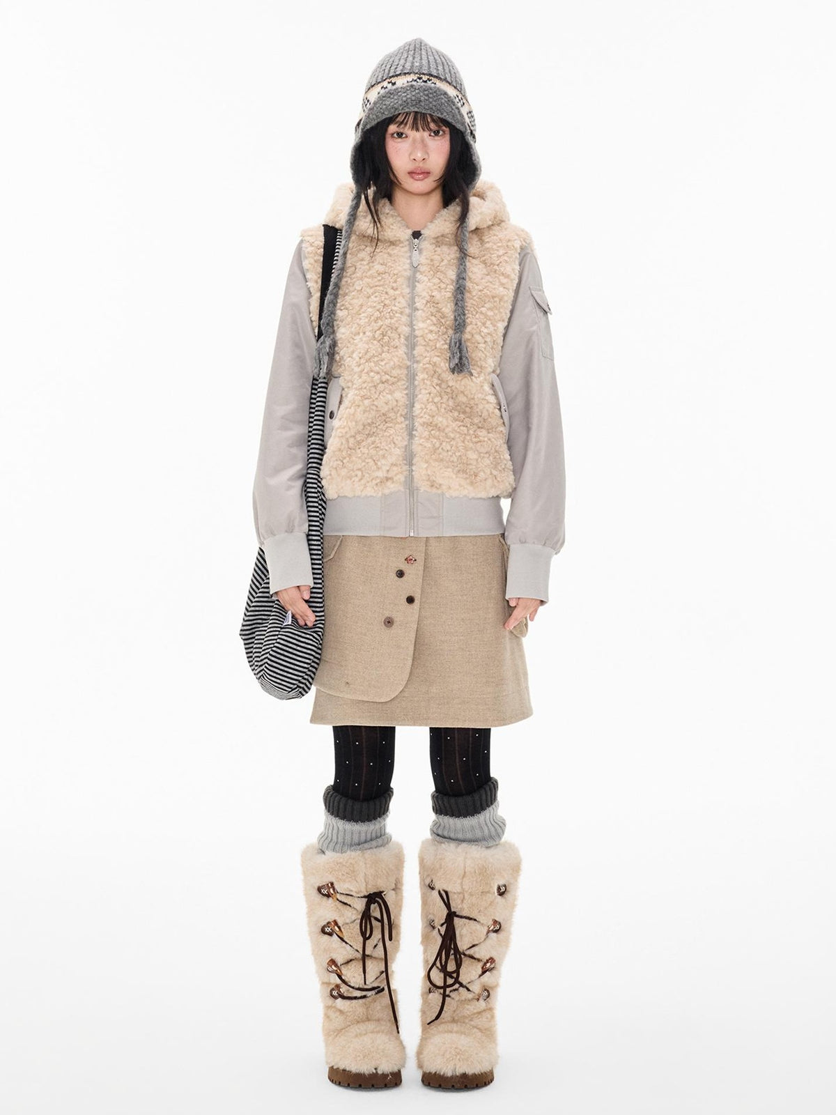 EZEK Faux Fur Spliced Two Piece Look Zip Up Loose Warm Women's Fleece Jackets