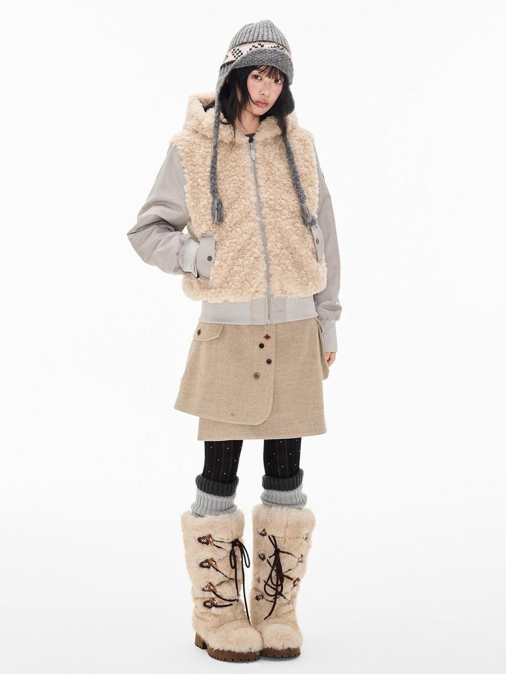 EZEK Faux Fur Spliced Two Piece Look Zip Up Loose Warm Women's Fleece Jackets