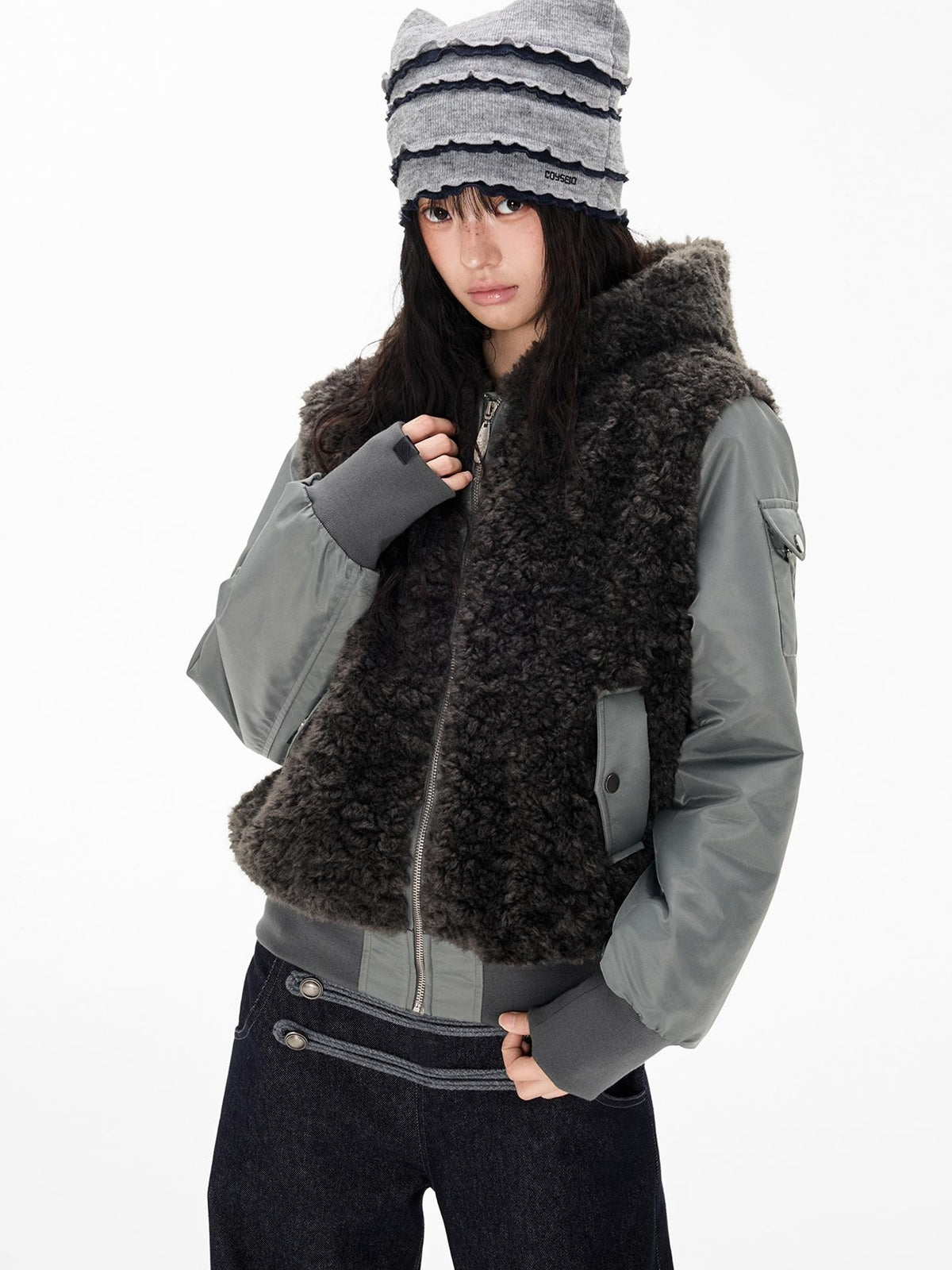 EZEK Faux Fur Spliced Two Piece Look Zip Up Loose Warm Women's Fleece Jackets