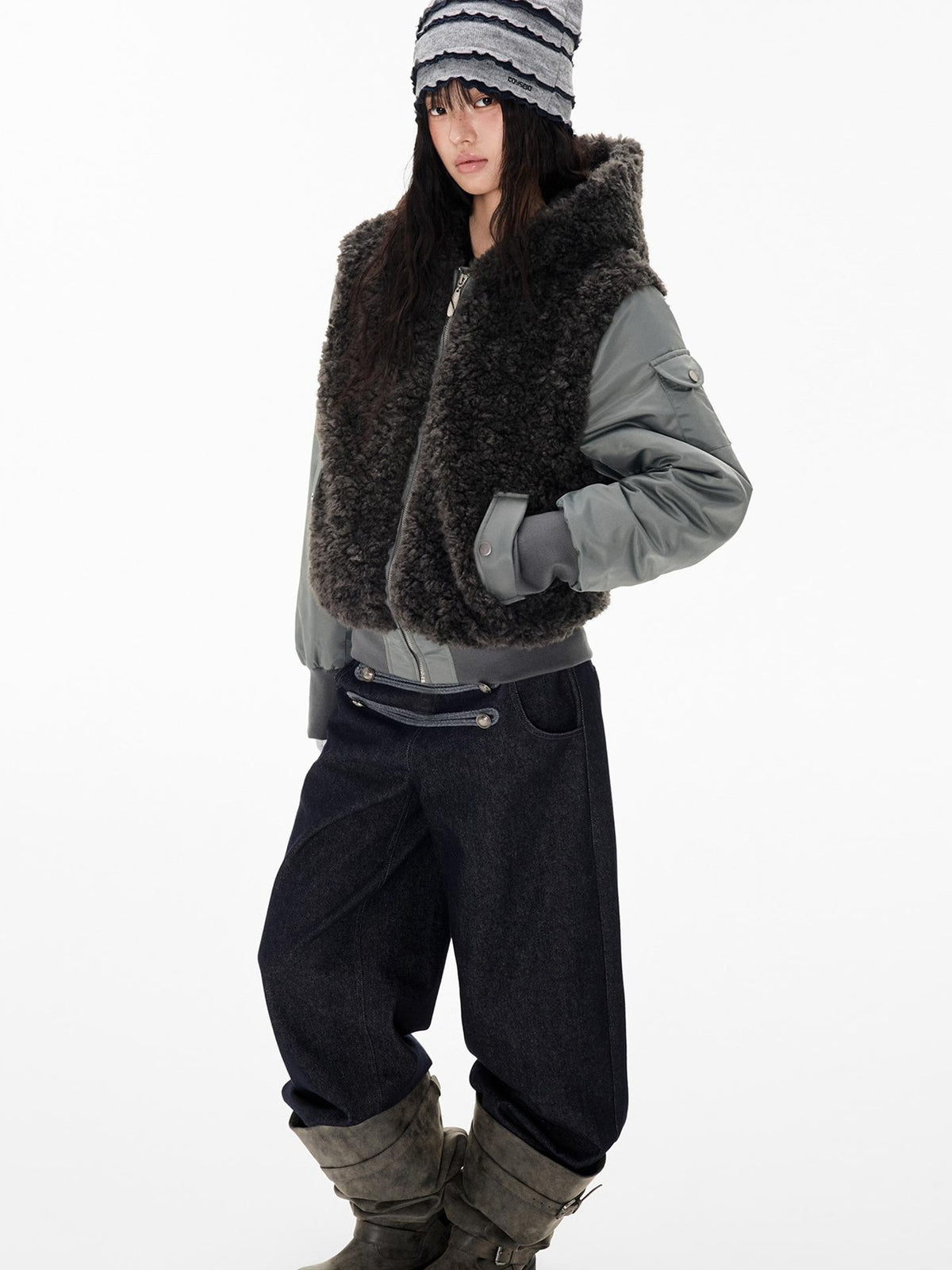 EZEK Faux Fur Spliced Two Piece Look Zip Up Loose Warm Women's Fleece Jackets