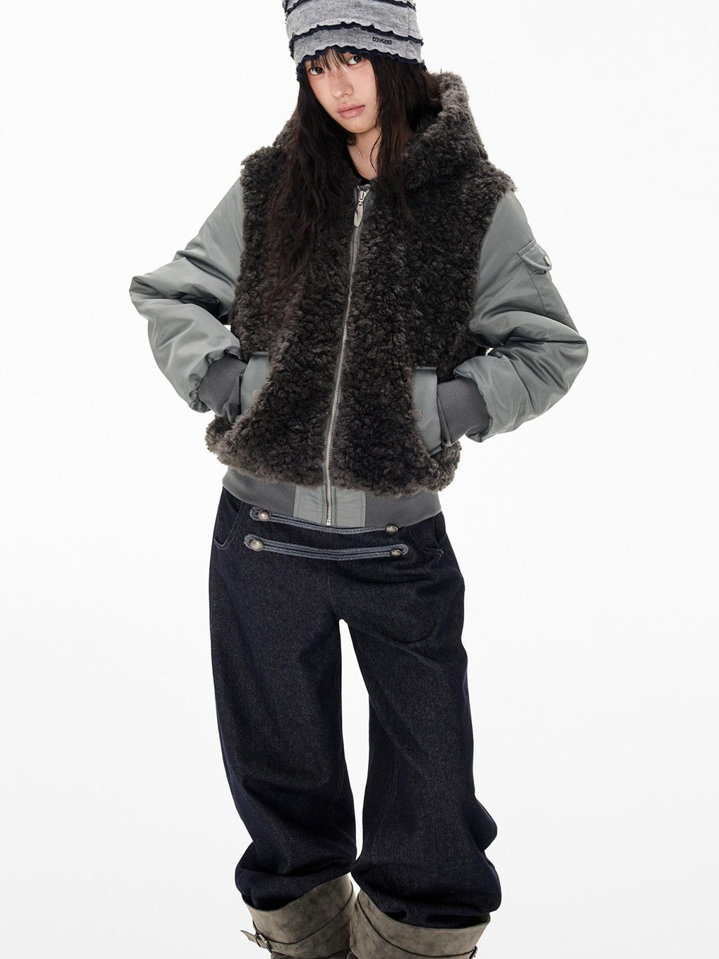EZEK Faux Fur Spliced Two Piece Look Zip Up Loose Warm Women's Fleece Jackets