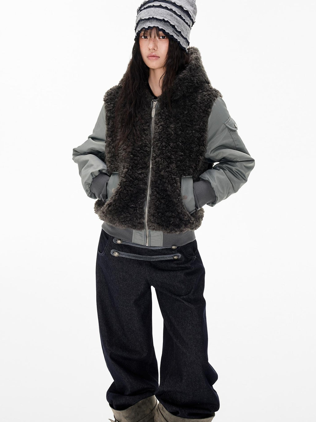 EZEK Faux Fur Spliced Two Piece Look Zip Up Loose Warm Women's Fleece Jackets