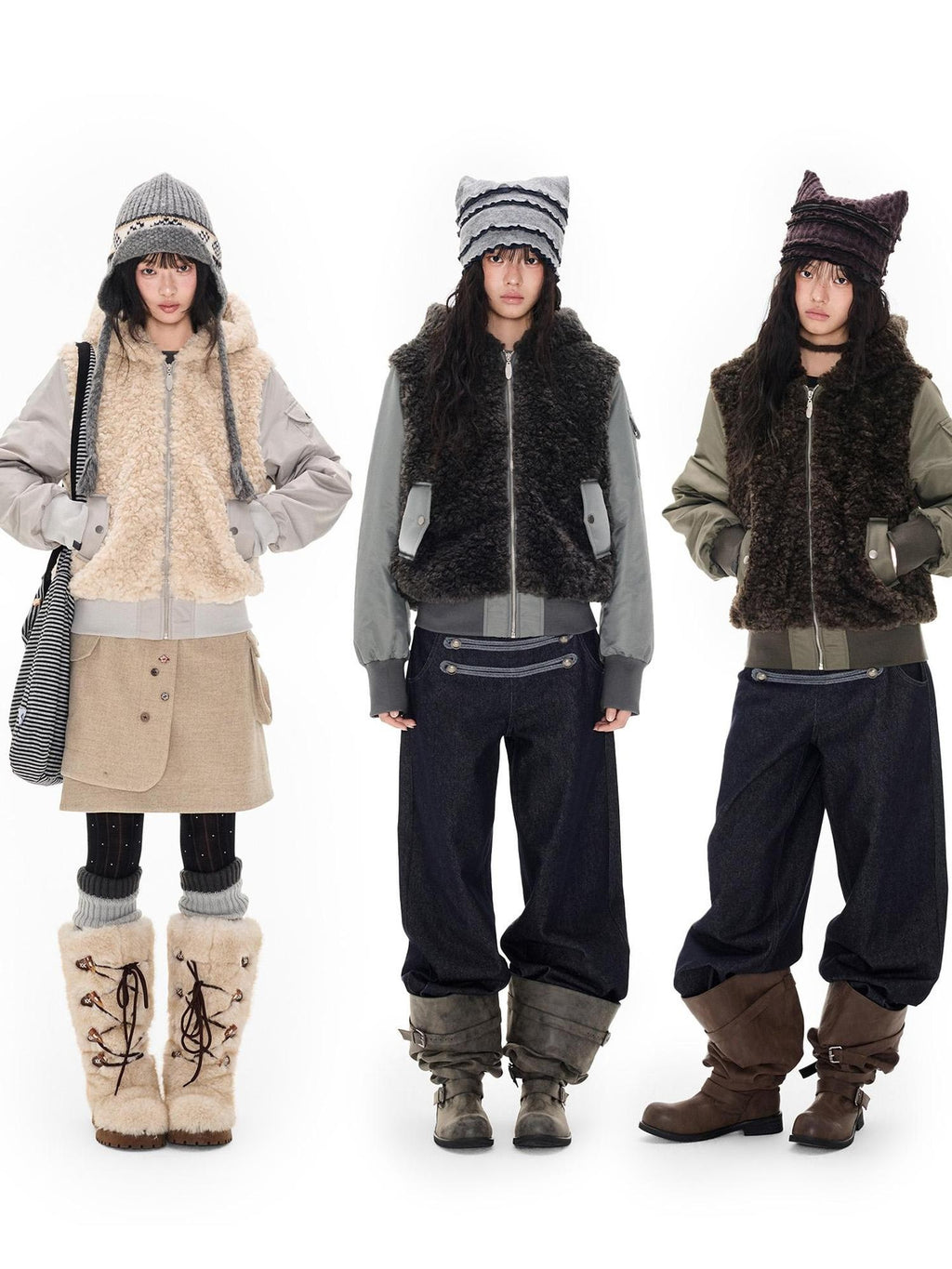 EZEK Faux Fur Spliced Two Piece Look Zip Up Loose Warm Women's Fleece Jackets