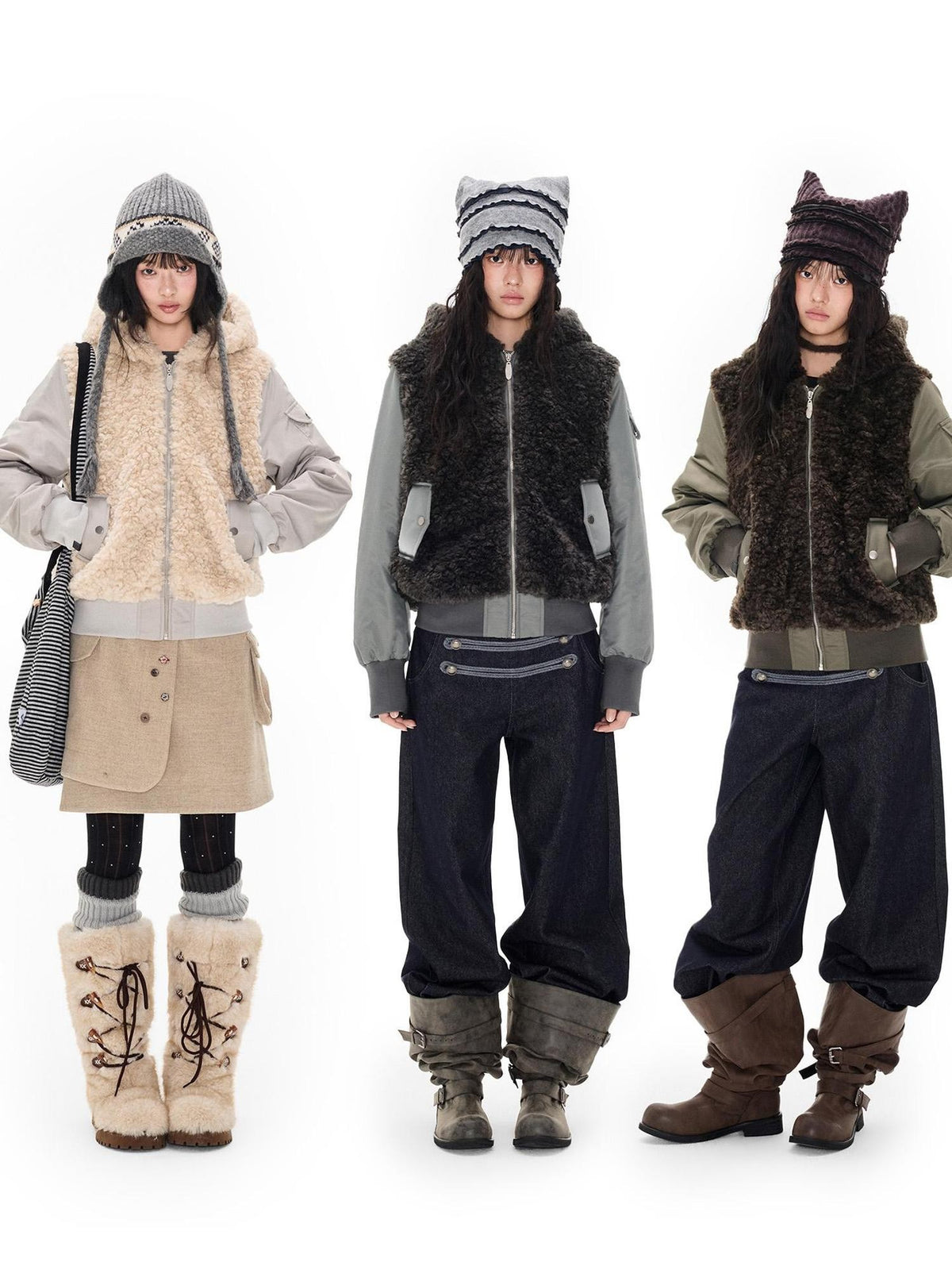 EZEK Faux Fur Spliced Two Piece Look Zip Up Loose Warm Women's Fleece Jackets