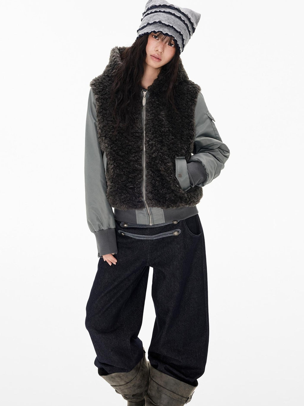 EZEK Faux Fur Spliced Two Piece Look Zip Up Loose Warm Women's Fleece Jackets